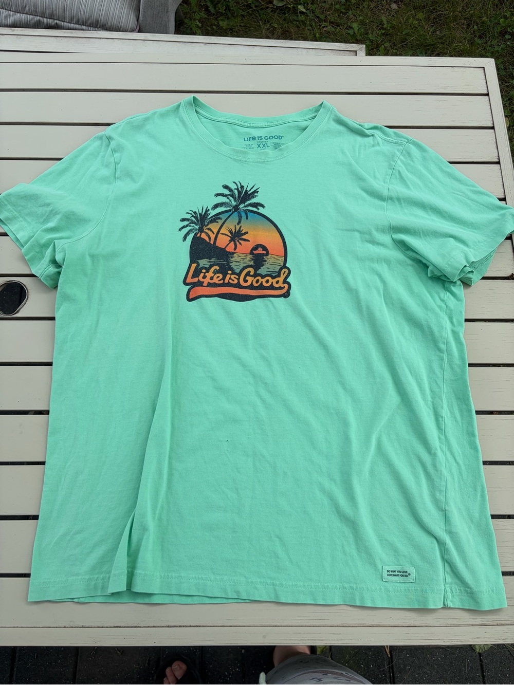 Life Is Good Mint Green Short Sleeve Tee with Sunset Palm Graphic